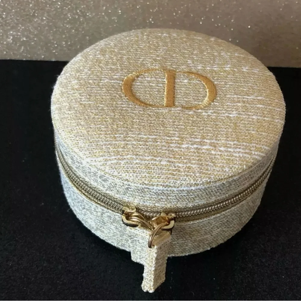 CHRISTIAN DIOR Gold Trousse Pouch Cosmetic Bag Jewelry Round Box New